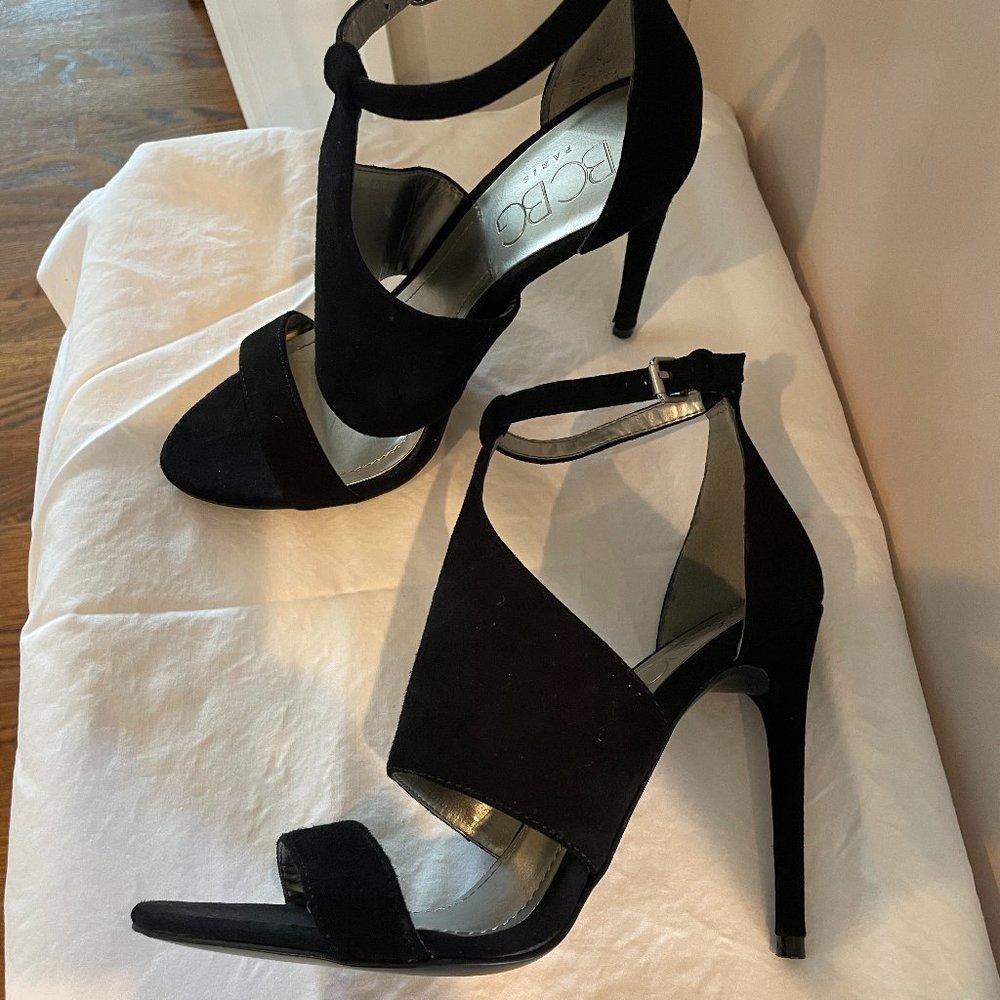 BCBG Paris micro suede black spike heels